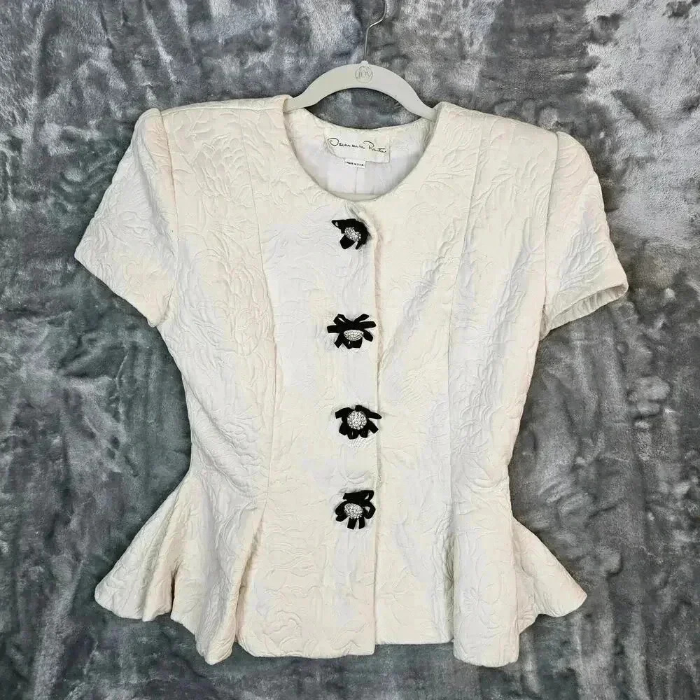 Vintage Oscar de la Renta Top Womens Small White Black Quilted Peplum Romantic